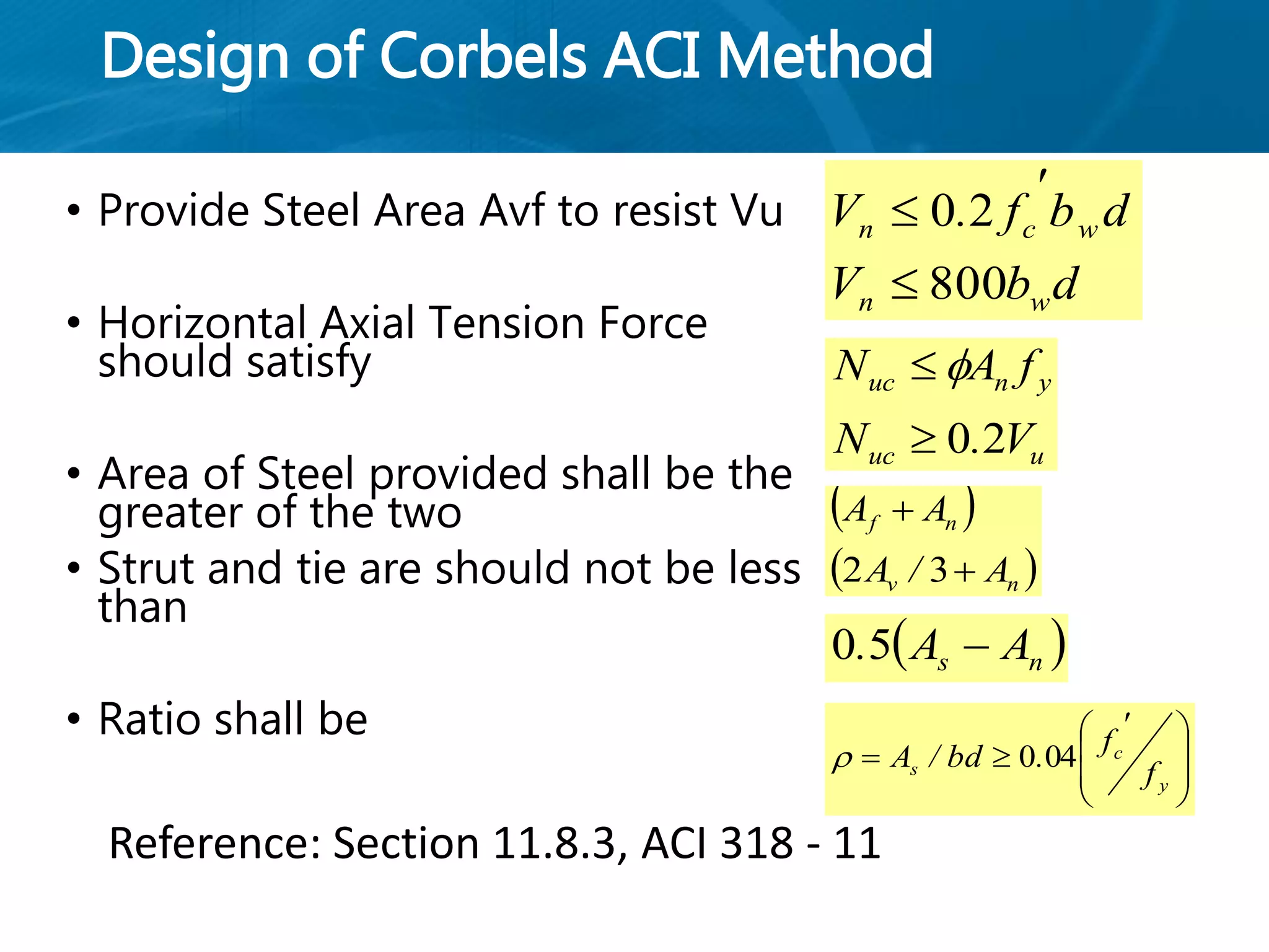 Design of Corbels ACI Method
• Provide Steel Area Avf to resist Vu
• Horizontal Axial Tension Force
should satisfy
• Area of Steel provided shall be the
greater of the two
• Strut and tie are should not be less
than
• Ratio shall be
uuc
ynuc
V.N
fAN
20
 
 
 nv
nf
A/A
AA


32
dbV
dbf.V
wn
wcn
800
20



 ns AA. 50







 

y
c
s f
f
.bd/A 040
Reference: Section 11.8.3, ACI 318 - 11
 