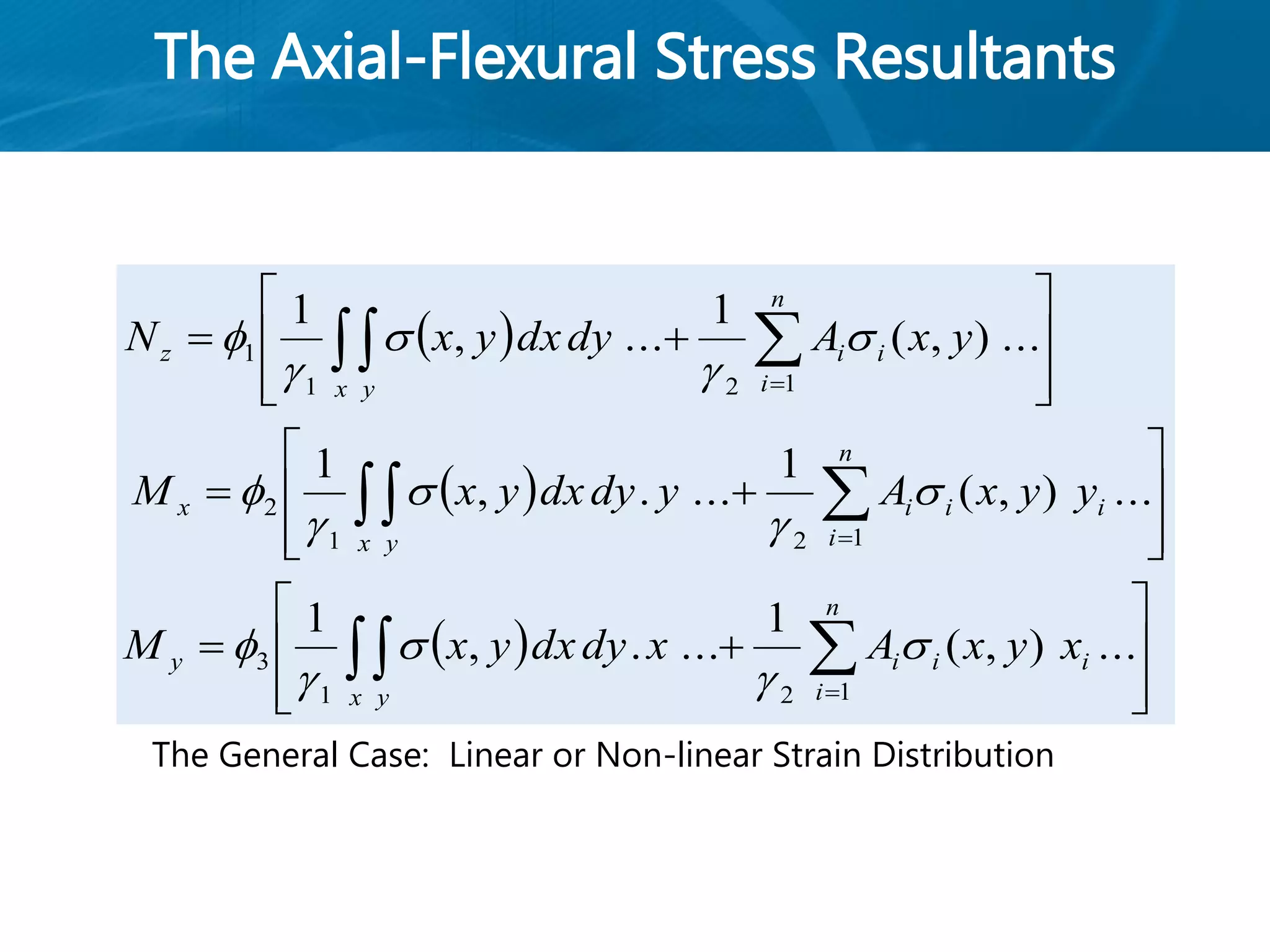 The Axial-Flexural Stress Resultants
The General Case: Linear or Non-linear Strain Distribution
 
 
 





























 



...),(
1
....,
1
...),(
1
....,
1
...),(
1
...,
1
121
3
121
2
121
1
i
n
i
ii
x y
y
i
n
i
ii
x y
x
x y
n
i
iiz
xyxAxdydxyxM
yyxAydydxyxM
yxAdydxyxN















 