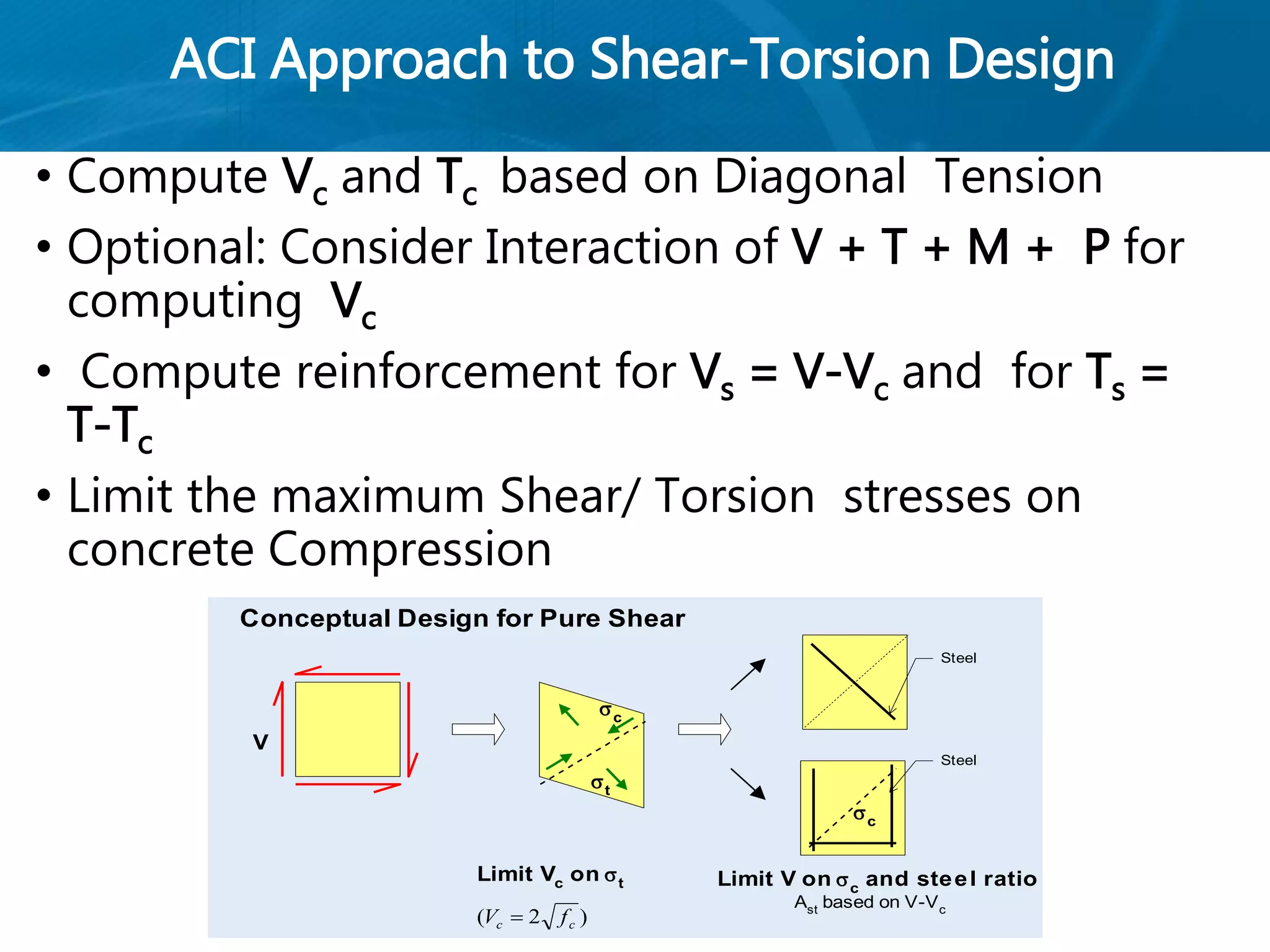 ACI Approach to Shear-Torsion Design
• Compute Vc and Tc based on Diagonal Tension
• Optional: Consider Interaction of V + T + M + P for
computing Vc
• Compute reinforcement for Vs = V-Vc and for Ts =
T-Tc
• Limit the maximum Shear/ Torsion stresses on
concrete Compression
Conceptual Design for Pure Shear
Limit Vc on t
( )V fc c 2
c
Steel
Steel
t
c
Limit V on c
and steel ratio
Ast
based on V-Vc
V
 