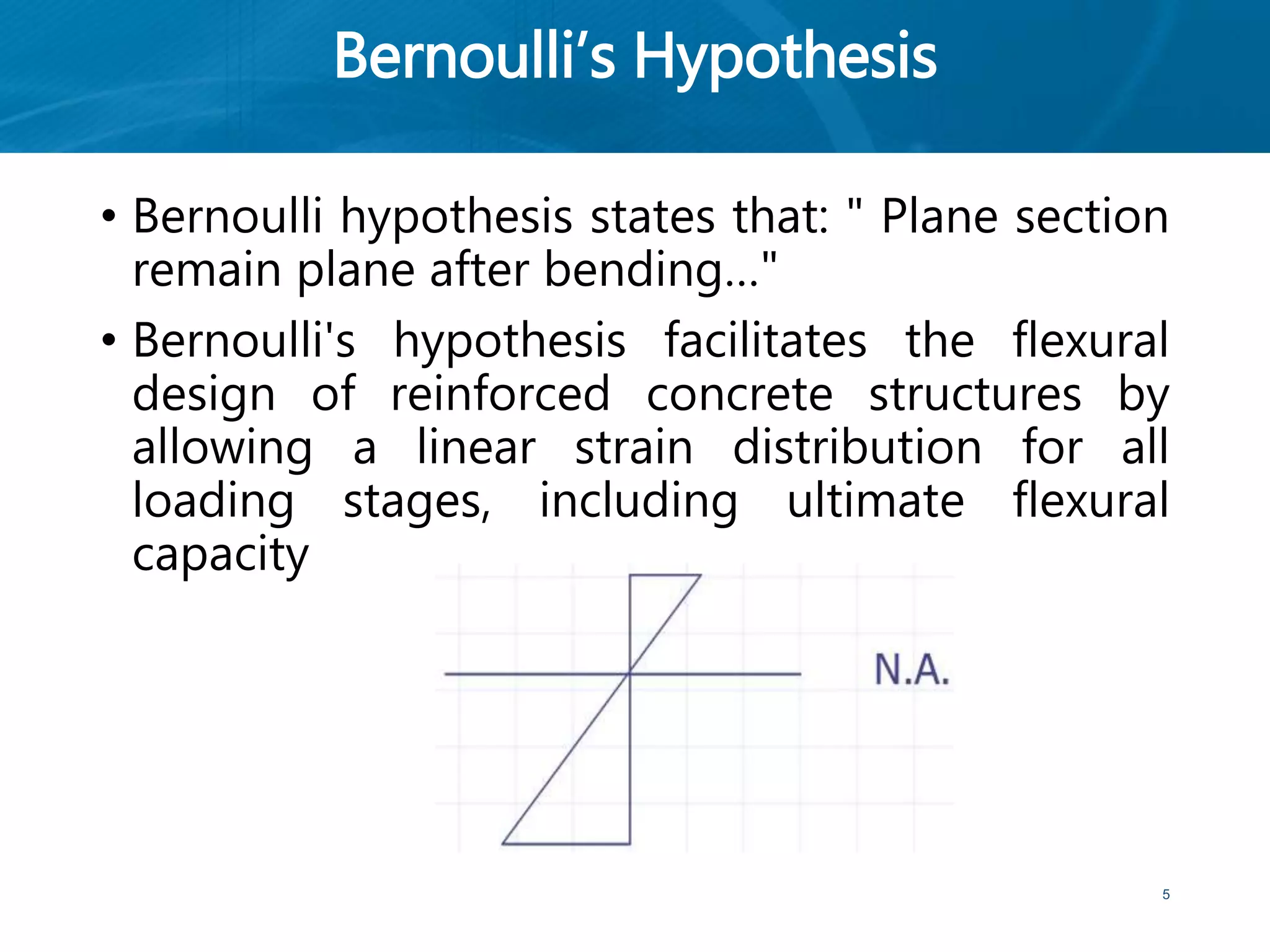 Bernoulli’s Hypothesis
• Bernoulli hypothesis states that: " Plane section
remain plane after bending…"
• Bernoulli's hypothesis facilitates the flexural
design of reinforced concrete structures by
allowing a linear strain distribution for all
loading stages, including ultimate flexural
capacity
5
 