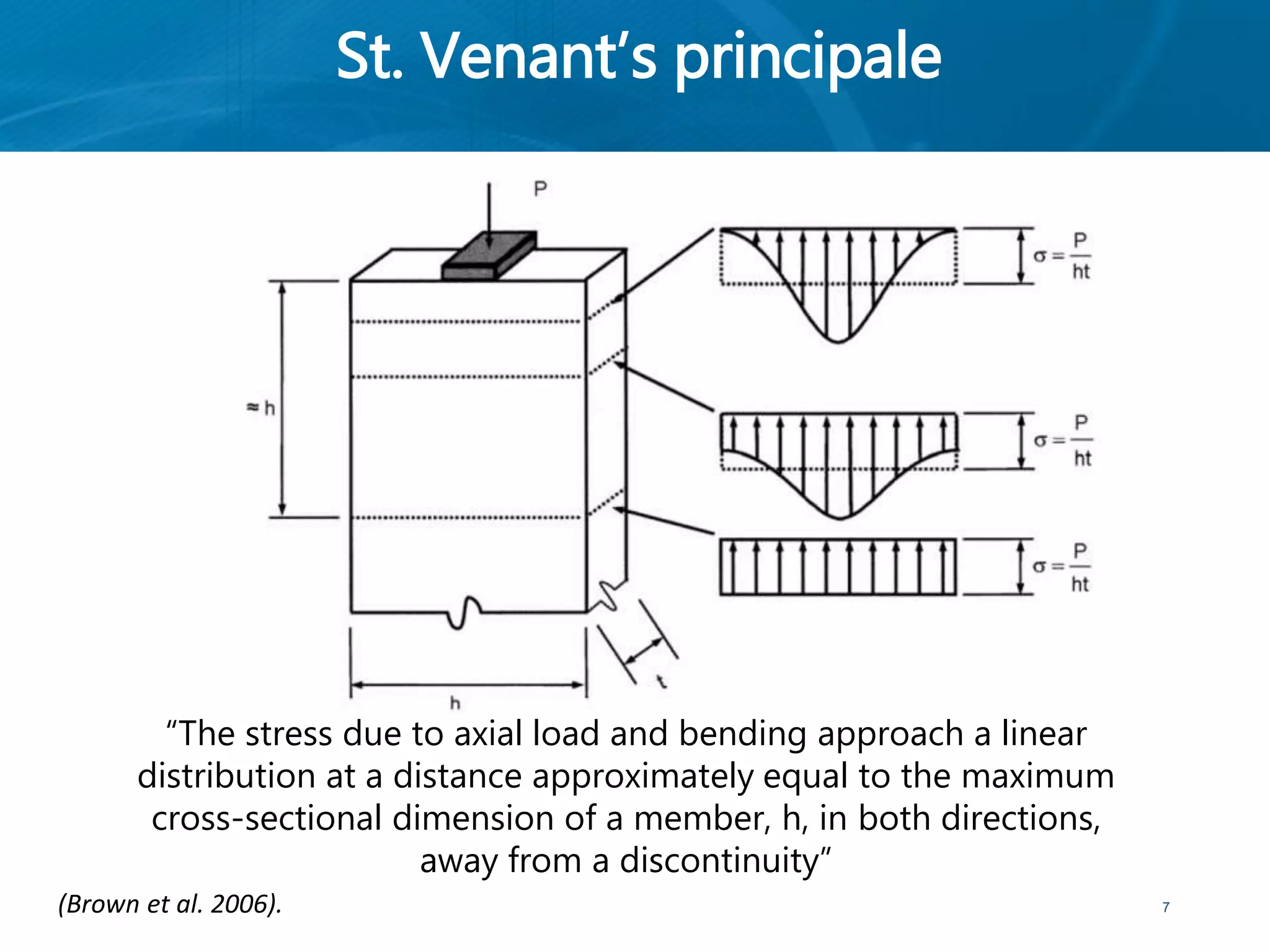 “The stress due to axial load and bending approach a linear
distribution at a distance approximately equal to the maximum
cross-sectional dimension of a member, h, in both directions,
away from a discontinuity”
St. Venant’s principale
7(Brown et al. 2006).
 