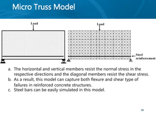 Micro Truss Model
26
a. The horizontal and vertical members resist the normal stress in the
respective directions and the diagonal members resist the shear stress.
b. As a result, this model can capture both flexure and shear type of
failures in reinforced concrete structures.
c. Steel bars can be easily simulated in this model.
 
