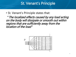 St. Venant’s Principle
• St. Venant's Principle states that:
" The localized effects caused by any load acting
on the body will dissipate or smooth out within
regions that are sufficiently away from the
location of the load"
6
 