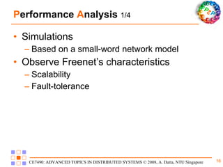 P erformance  A nalysis  1/4 Simulations Based on a small-word network model Observe Freenet’s characteristics Scalability Fault-tolerance 