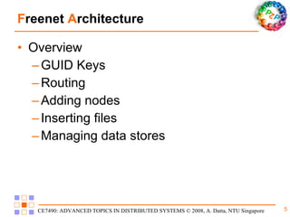 F reenet  A rchitecture Overview GUID Keys Routing Adding nodes Inserting files Managing data stores 