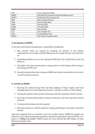 JSW Page 15
LCP Lime Calcinations Plant
HMPT Hot Metal Pre-treatment Plant(De-Sulphorisation)
JSWEL Jindal South West Energy Ltd
BOF Basic Oxygen Furnace
SMS Steel melting Shop
HSM Hot Strip Mill
WRM Wire Rod Mill
BRM Bar rod Mill
CTL Cut to length mill
CRS Central Repair Shop
RWTP Raw Water Treatment Plant
3. Introduction to RMHS:
As the name itself indicates the department is responsible for handling the
1. Raw materials which are required for producing the products in Iron making,
Agglomerations, Power Plants and Steel Making units for example Iron Ore, Coal and Fluxes
etc
2. Intermediate products for use in Iron making and SMS like Coke, Calcined lime, Sinter and
Pellets etc.
3. The products from these internal plants to storage yards or on-line feeding without storage to
Iron making and SMS units
4. Internally generated fines after screening in RMHS and internal customer plants which can be
re used for production process.
4. Activities in RMHS:
1. Receiving the material through Rail and Road, tippling in Wagon tipplers and Truck
unloading stations on to the transporting conveyors to Stacker re-claimer or online feeding
2. Stacking the material in piles and then reclaiming as and when required by internal customer.
3. Receiving the Internal plant products, stacking, reclaiming as and when required by internal
customers.
4. Crushing and Screening as and when required.
5. Mixing the material in a definite proportion, stacking and feeding to sinter plant as and when
required.
Apart from supplying direct raw materials to the Corex & Blast furnaces, RMHS also supplies raw
material to various plants producing the ingredients required for producing hot metal and Power. As a
policy of “Nothing to be wasted”, RMHS recycles the waste materials like BOF Sludge, LD Slag,
Mill-scale and fugitive dust.
 