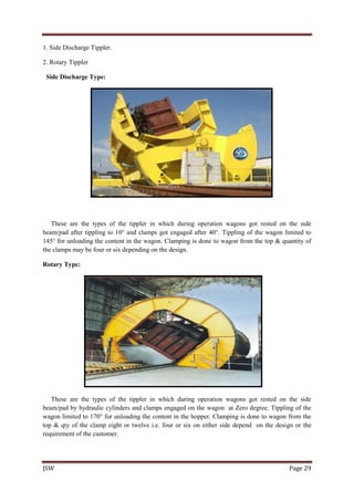 JSW Page 29
1. Side Discharge Tippler.
2. Rotary Tippler
Side Discharge Type:
These are the types of the tippler in which during operation wagons got rested on the side
beam/pad after tippling to 10° and clamps got engaged after 40°. Tippling of the wagon limited to
145° for unloading the content in the wagon. Clamping is done to wagon from the top & quantity of
the clamps may be four or six depending on the design.
Rotary Type:
These are the types of the tippler in which during operation wagons got rested on the side
beam/pad by hydraulic cylinders and clamps engaged on the wagon at Zero degree. Tippling of the
wagon limited to 170° for unloading the content in the hopper. Clamping is done to wagon from the
top & qty of the clamp eight or twelve i.e. four or six on either side depend on the design or the
requirement of the customer.
 