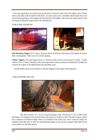 JSW Page 32
Two end rings/frames are respectively positioned (15 meter) at each end of the tippler each of them
tied to each other with the help of side beam. An open sector rack is installed which centers the circle
of each end ring/frames and engages the driving unit of the tippler. One where the wagon enters is the
fixed part & where the wagon exits is the floating part.
TABLE-SIDE PAD/BEAM
Side Discharge Tippler: It is a heavy structure which tie both the end frames of the tippler & restrict
there misalignment. Table rest over it while tippling.
Rotary Tippler: The side wagon beam is a structure with the box section long in 14.44m. A plate
sized in 12.8 x 2.34m is attached to the side wagon beam whose extension by Hydraulic Cylinder just
contacts the wagon in the tippler before the unloading cycle.
In both rubber liners are provided to avoid the slipping of the wagon while operation.
TABLE-SUPPORT ROLLER
The idler consists of 1 set of concaved-margin roller (Fixed) and 1 set of fillet roller
(Floating); it is installed on the braced frame and consists of 8 idlers in total. The idler contact surface
has a diameter of 630mm.4 fillet rollers are installed at the outlet end, and 4 concaved rollers are
installed at the inlet end. At JSW for side discharge tippler we do not have support roller table for the
same rotates over the drive pinion.
 