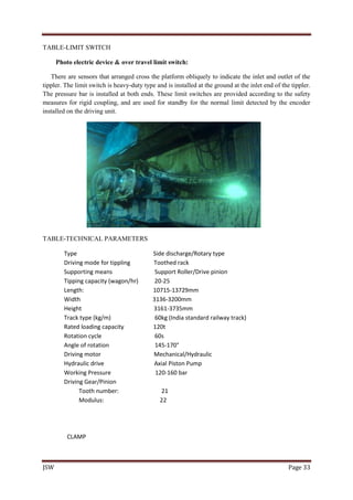 JSW Page 33
TABLE-LIMIT SWITCH
Photo electric device & over travel limit switch:
There are sensors that arranged cross the platform obliquely to indicate the inlet and outlet of the
tippler. The limit switch is heavy-duty type and is installed at the ground at the inlet end of the tippler.
The pressure bar is installed at both ends. These limit switches are provided according to the safety
measures for rigid coupling, and are used for standby for the normal limit detected by the encoder
installed on the driving unit.
TABLE-TECHNICAL PARAMETERS
Type Side discharge/Rotary type
Driving mode for tippling Toothed rack
Supporting means Support Roller/Drive pinion
Tipping capacity (wagon/hr) 20-25
Length: 10715-13729mm
Width 3136-3200mm
Height 3161-3735mm
Track type (kg/m) 60kg (India standard railway track)
Rated loading capacity 120t
Rotation cycle 60s
Angle of rotation 145-170°
Driving motor Mechanical/Hydraulic
Hydraulic drive Axial Piston Pump
Working Pressure 120-160 bar
Driving Gear/Pinion
Tooth number: 21
Modulus: 22
CLAMP
 