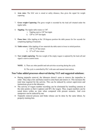JSW Page 43
6. Arm raise: The SAC arm is raised at safety distance, thus gives the signal for weight
capturing.
7. Gross weight Capturing:-The gross weight is recorded by the load cell situated under the
tippler table.
8. Tippling: The tippler table rotates to 1380
.
i. Tippling start to 1200
fast tipple
ii. 1200
to 1380
fast tipple
9. Pause time: After tippling at the 138 degrees position the table pauses for few seconds for
completing tippling of materials.
10. Table return: After tippling of raw materials the table starts to lower to initial position.
i. 1380
to 150
fast return
ii. 150
to 00
slow return
11. Tare weight capturing: The tare weight of the empty wagon is captured by the load cell and
signal is sent to control room.
NOTE: A. There are other parallel and sub activities occurring during the cycle.
B. The cycle is controlled by PLC with auto and manual intervention.
Non Value added processes observed during TAT and suggested solutions:
 During tarpaulin removal, the labourers doesn’t seem to remove the tarpaulins in
order. They skip a few and hence need to come back and remove it. This increases the
total time required for the activity. This can be reduced by correct supervision and
instructions given to the labourers.
 The activity of wagon number recording can be eliminated by installing cameras at
the entry points so that it captures and ID’s the wagon. Thus, wagon numbers can be
noted down within no time when compared with present scenario. And even
manpower can be reduced by one.
 Tarpaulin removal process and brake release can be done by the same labour, by
properly training him.
 