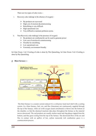 JSW Page 8
There are two types of coke ovens :-
i. Recovery coke making( in the absence of oxygen) :
 By-products are recovered
 High cost of erection &commissioning
 Retrofitting is very difficult.
 High operational cost.
 Very difficult to maintain pollution norms.
ii. Non-Recovery coke making( in the presence of oxygen):
 By-products are combusted & can be used to generate power
 Low cost of erection & commissioning
 Flexible for retrofitting.
 Low operational cost.
 Extremely environment friendly.
In Coke Ovens 1 & 2 Cooling of coke is done by Wet Quenching. In Coke Ovens 3 & 4 Cooling is
done by Dry Quenching.
4 Blast furnace :-
The blast furnace is a counter current reducer.It is a refractory lined steel shell with a cooling
system. In a blast furnace, fuel, ore, and flux (limestone) are continuously supplied through
the top of the furnace, while air (with oxygen steam enrichment) is blown into the bottom of
the chamber, so that the chemical reactions take place throughout the furnace as the material
moves downward. The end products are usually molten metal and slag phases tapped from the
bottom, and flue gases exiting from the top of the furnace. The downward flow of the ore and
flux in contact with an upflow of hot, carbon monoxide rich combustion gases is a
countercurrent process.
 