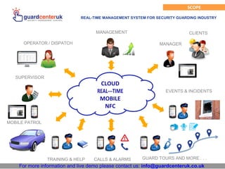 For more information and live demo please contact us: info@guardcenteruk.co.uk
CLOUD
REAL-­­TIME
MOBILE
NFC
SCOPE
REAL-TIME MANAGEMENT SYSTEM FOR SECURITY GUARDING INDUSTRY
OPERATOR / DISPATCH
SUPERVISOR
MANAGEMENT
MANAGER
CLIENTS
EVENTS & INCIDENTS
MOBILE PATROL
TRAINING & HELP CALLS & ALARMS GUARD TOURS AND MORE . . .
 