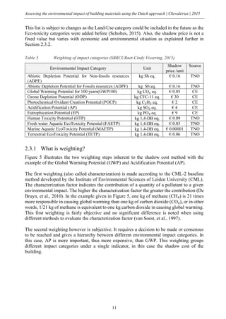 Assessing the environmental impact of building materials using the Dutch approach | Chevalerias | 2015
11
This list is subject to changes as the Land-Use category could be included in the future as the
Eco-toxicity categories were added before (Scholtes, 2015). Also, the shadow price is not a
fixed value but varies with economic and environmental situation as explained further in
Section 2.3.2.
Table 5 Weighting of impact categories (SBRCURnet-Cindy Vissering, 2015).
Environmental Impact Category Unit
Shadow
price /unit
Source
Abiotic Depletion Potential for Non-fossils resources
(ADPE)
kg Sb eq. € 0.16 TNO
Abiotic Depletion Potential for Fossils resources (ADPF) kg Sb eq. € 0.16 TNO
Global Warming Potential for 100 years(GWP100) kg CO₂ eq. € 0.05 CE
Ozone Depletion Potential (ODP) kg CFC-11 eq. € 30 CE
Photochemical Oxidant Creation Potential (POCP) kg C₂H₂ eq. € 2 CE
Acidification Potential (AP) kg SO₂ eq. € 4 CE
Eutrophication Potential (EP) kg PO₄ eq. € 9 CE
Human Toxicity Potential (HTP) kg 1,4-DB eq. € 0.09 TNO
Fresh water Aquatic EcoToxicity Potential (FAETP) kg 1,4-DB eq. € 0.03 TNO
Marine Aquatic EcoToxicity Potential (MAETP) kg 1,4-DB eq. € 0.00001 TNO
Terrestrial EcoToxicity Potential (TETP) kg 1,4-DB eq. € 0.06 TNO
2.3.1 What is weighting?
Figure 5 illustrates the two weighting steps inherent to the shadow cost method with the
example of the Global Warming Potential (GWP) and Acidification Potential (AP).
The first weighting (also called characterization) is made according to the CML-2 baseline
method developed by the Institute of Environmental Sciences of Leiden University (CML).
The characterization factor indicates the contribution of a quantity of a pollutant to a given
environmental impact. The higher the characterization factor the greater the contribution (De
Bruyn, et al., 2010). In the example given in Figure 5, one kg of methane (CH₄) is 21 times
more responsible in causing global warming than one kg of carbon dioxide (CO₂), or in other
words, 1/21 kg of methane is equivalent to one kg carbon dioxide in causing global warming.
This first weighting is fairly objective and no significant difference is noted when using
different methods to evaluate the characterization factor (van Soest, et al., 1997).
The second weighting however is subjective. It requires a decision to be made or consensus
to be reached and gives a hierarchy between different environmental impact categories. In
this case, AP is more important, thus more expensive, than GWP. This weighting groups
different impact categories under a single indicator, in this case the shadow cost of the
building.
 