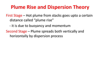 Plume Rise and Dispersion Theory
First Stage – Hot plume from stacks goes upto a certain
distance called “plume rise”
- it is due to buoyancy and momentum
Second Stage – Plume spreads both vertically and
horizontally by dispersion process
 