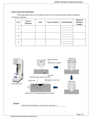 CE8481-Strength of Material laboratory
Page | 12
Department of Agriculture Engineering
Observation and calculation: -
Following observation are recorded are from a test on steel specimen using a hardened
steel ball as indenter.
S.No
Type of
Specimen
Scale Type of indentor Scale Reading
Rockwell
Hardness
Number
1.
2.
3.



Result:-
The Rockwell Hardness of the given specimen is _________
 