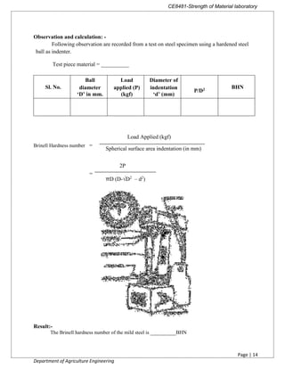 CE8481-Strength of Material laboratory
Page | 14
Department of Agriculture Engineering
Observation and calculation: -
Following observation are recorded from a test on steel specimen using a hardened steel
ball as indenter.
Test piece material = __________
Sl. No.
Ball
diameter
‘D’ in mm.
Load
applied (P)
(kgf)
Diameter of
indentation
‘d’ (mm)
P/D2 BHN
Brinell Hardness number =
=
Result:-
The Brinell hardness number of the mild steel is __________BHN
Load Applied (kgf)
Spherical surface area indentation (in mm)
2P
πD (D-√D2
– d2
)
 