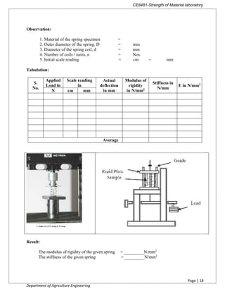 CE8481-Strength of Material laboratory
Page | 18
Department of Agriculture Engineering
Observation:
1. Material of the spring specimen =
2. Outer diameter of the spring. D = mm
3. Diameter of the spring coil, d = mm
4. Number of coils / turns, n = Nos.
5. Initial scale reading = cm = mm
Tabulation:
S.
No.
Applied
Load in
Scale reading
in
Actual
deflection
in mm
Modulus of
rigidity
in N/mm2
Stiffness in
N/mm
E in N/mm2
N cm mm
Average
Result:
The modulus of rigidity of the given spring = _________N/mm2
The stiffness of the given spring = _________N/mm2
 