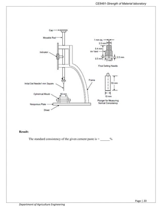 CE8481-Strength of Material laboratory
Page | 20
Department of Agriculture Engineering
Result:
The standard consistency of the given cement paste is = ______%
 