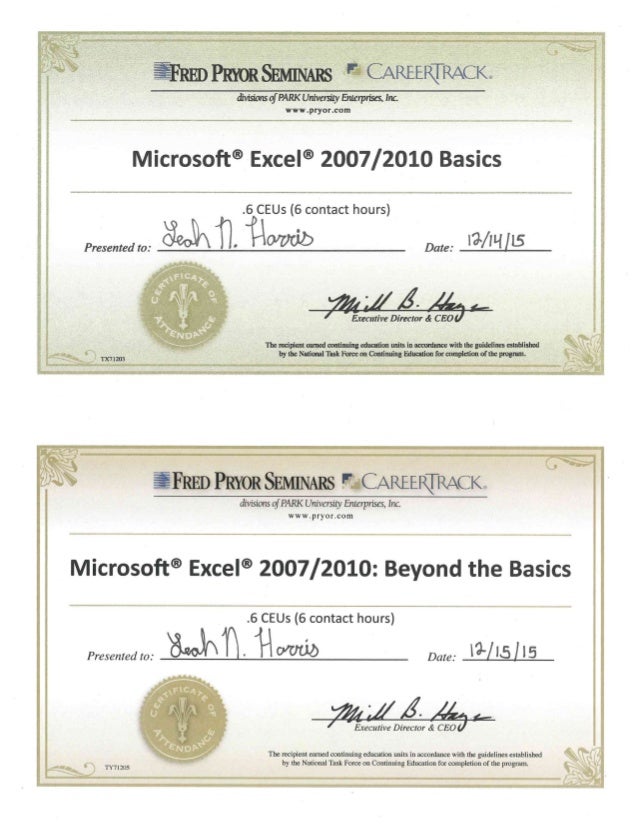 excel training certificates
