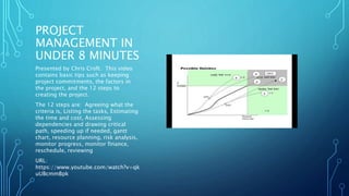 PROJECT 
MANAGEMENT IN 
UNDER 8 MINUTES 
Presented by Chris Croft. This video 
contains basic tips such as keeping 
project commitments, the factors in 
the project, and the 12 steps to 
creating the project. 
The 12 steps are: Agreeing what the 
criteria is, Listing the tasks, Estimating 
the time and cost, Assessing 
dependencies and drawing critical 
path, speeding up if needed, gantt 
chart, resource planning, risk analysis, 
monitor progress, monitor finance, 
reschedule, reviewing 
URL: 
https://www.youtube.com/watch?v=qk 
uUBcmmBpk 
 