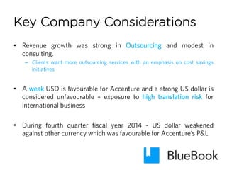 Key Company Considerations
•  Revenue growth was strong in Outsourcing and modest in
consulting.
–  Clients want more outsourcing services with an emphasis on cost savings
initiatives
•  A weak USD is favourable for Accenture and a strong US dollar is
considered unfavourable – exposure to high translation risk for
international business
•  During fourth quarter fiscal year 2014 - US dollar weakened
against other currency which was favourable for Accenture’s P&L.
 