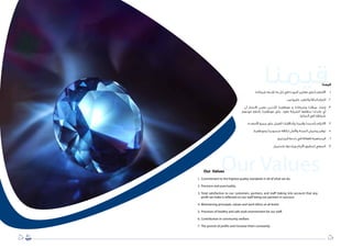45
‫قيمنا‬
11..‫شركاتنا‬ ‫تقدمه‬ ‫ما‬ ‫كل‬ ‫في‬ ‫الجودة‬ ‫معايير‬ ‫بأعلى‬ ‫االلتزام‬
22..‫بالمواعيد‬ ‫والتقيد‬ ‫الدقة‬ ‫التزام‬
33.‫أن‬ ‫اإلعتبار‬ ‫بعين‬ ‫(آخذين‬ ‫موظفينا‬ ‫و‬ ‫وشركائنا‬ ‫عمالئنا‬ ‫إرضاء‬
‫كونهم‬ ‫بالنفع‬ ‫موظفينا‬ ‫على‬ ‫تعود‬ ‫الشركة‬ ‫تحققها‬ ‫عائدات‬ ‫أي‬
.)‫النجاح‬ ‫في‬ ‫شركاؤنا‬
44..‫األصعدة‬ ‫جميع‬ ‫على‬ ‫العمل‬ ‫وأخالقيات‬ ‫وقيمنا‬ ‫بأسسنا‬ ‫االلتزام‬
55..‫وموظفينا‬ ‫منسوبينا‬ ‫لكافة‬ ‫واآلمان‬ ‫الصحة‬ ‫وضمان‬ ‫توفير‬
66..‫المجتمع‬ ‫خدمة‬ ‫في‬ ‫الفعالة‬ ‫المساهمة‬
77..‫باستمرار‬ ‫وزيادتها‬ ‫األرباح‬ ‫لتحقيق‬ ‫السعي‬
Our Values
1.	Commitment to the highest quality standards in all of what we do.
2.	Precision and punctuality.
3.	Total satisfaction to our customers, partners, and staff (taking into account that any
profit we make is reflected on our staff being our partners in success).
4.	Maintaining principals, values and work ethics at all levels.
5.	Provision of healthy and safe work environment for our staff.
6.	Contribution in community welfare.
7.	The pursuit of profits and increase them constantly.
‫قيمنا‬
Our Values
 