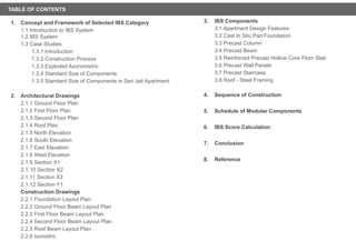 1. Concept and Framework of Selected IBS Category
1.1 Introduction to IBS System
1.2 IBS System
1.3 Case Studies
1.3.1 Introduction
1.3.2 Construction Process
1.3.3 Exploded Axonometric
1.3.4 Standard Size of Components
1.3.5 Standard Size of Components in Seri Jati Apartment
2. Architectural Drawings
2.1.1 Ground Floor Plan
2.1.2 First Floor Plan
2.1.3 Second Floor Plan
2.1.4 Roof Plan
2.1.5 North Elevation
2.1.6 South Elevation
2.1.7 East Elevation
2.1.8 West Elevation
2.1.9 Section X1
2.1.10 Section X2
2.1.11 Section X3
2.1.12 Section Y1
Construction Drawings
2.2.1 Foundation Layout Plan
2.2.2 Ground Floor Beam Layout Plan
2.2.3 First Floor Beam Layout Plan
2.2.4 Second Floor Beam Layout Plan
2.2.5 Roof Beam Layout Plan
2.2.6 Isometric
3. IBS Components
3.1 Apartment Design Features
3.2 Cast In Situ Pad Foundation
3.3 Precast Column
3.4 Precast Beam
3.5 Reinforced Precast Hollow Core Floor Slab
3.6 Precast Wall Panels
3.7 Precast Staircase
3.8 Roof - Steel Framing
4. Sequence of Construction
5. Schedule of Modular Components
6. IBS Score Calculation
7. Conclusion
8. Reference
TABLE OF CONTENTS
 