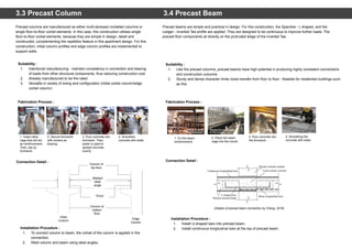 3.3 Precast Column
Precast columns are manufactured as either multi-storeyed corbelled columns or
single floor-to-floor corbel elements. In this case, this construction utilises single
floor-to-floor corbel elements, because they are simple in design, detail and
constructed, complementing the repetition feature in this apartment design. For this
construction, initial column profiles and edge column profiles are implemented to
support walls.
3.4 Precast Beam
Precast beams are simple and practical in design. For this construction, the Spandrel - L shaped, and the
Ledger - inverted Tee profile are applied. They are designed to be continuous to improve further loads. The
precast floor components sit directly on the protruded ledge of the inverted Tee.
Installation Procedure :
1. To connect column to beam, the corbel of the column is applied in the
connection.
2. Weld column and beam using steel angles.
Installation Procedure :
1. Install U-shaped bars into precast beam.
2. Install continuous longitudinal bars at the top of precast beam.
Suitability :
1. Intentional manufacturing - maintain consistency in connection and bearing
of loads from other structural components, thus reducing construction cost
2. Already manufactured to be fire-rated
3. Versatile in variety of sizing and configuration (initial corbel column/edge
corbel column)
Suitability :
1. Like the precast columns, precast beams have high potential in producing highly consistent connections
and construction outcome.
2. Sturdy and dense character limits noise transfer from floor to floor - feasible for residential buildings such
as this
Fabrication Process :
Connection Detail :
Fabrication Process :
Connection Detail :
1. Insert rebar
cage that will act
as reinforcement.
Then, set up
formwork.
2. Secure formwork
with kickers as
bracing.
3. Pour concrete into
formwork. Then,
poker is used to
spread concrete
evenly.
4. Smoothen
concrete with slider.
1. Fix the beam
reinforcement.
2. Place the beam
cage into the mould.
3. Pour concrete into
the formwork.
Column of
top floor
Welded
steel
angle
Grout
Column of
bottom
floor
Initial
Column
Edge
Column
4. Smoothing the
concrete with slider.
(Details of precast beam connection by Cheng, 2016)
 