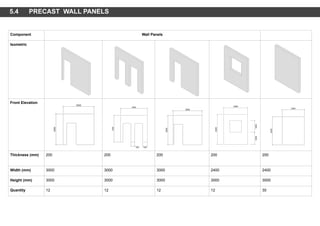 Component Wall Panels
Isometric
Front Elevation
Thickness (mm) 200 200 200 200 200
Width (mm) 3000 3000 3000 2400 2400
Height (mm) 3000 3000 3000 3000 3000
Quantity 12 12 12 12 30
5.4 PRECAST WALL PANELS
 