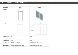 Component Door 1 Door 2
Isometric
Front Elevation
W, Width (mm) 900 2700
H, Height (mm) 2100 2100
Quantity(mm) 21 (7 Doors Each Unit) 6 (1 Sliding Door Each Unit)
Specification Wooden Panel with Steel Frame Glass Panel with Steel Frame
5.4 PRECAST WALL PANELS
 