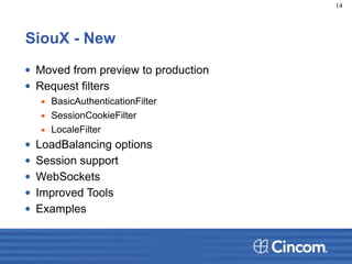 SiouX - New
• Moved from preview to production
• Request filters
▪ BasicAuthenticationFilter
▪ SessionCookieFilter
▪ LocaleFilter
• LoadBalancing options
• Session support
• WebSockets
• Improved Tools
• Examples
14
 