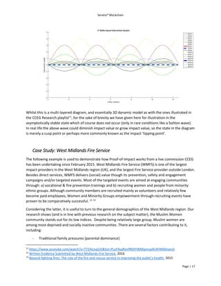 Seratio® Blockchain
Page | 17
Whilst this is a multi-layered diagram, and essentially 3D dynamic model as with the ones illustrated in
the CCEG Research playlist11
, for the sake of brevity we have given here for illustration in the
asymptotically stable state which of course does not occur (only in rare conditions like a Soliton wave).
In real life the above wave could diminish impact value or grow impact value, so the state in the diagram
is merely a cusp point or perhaps more commonly known as the impact ‘tipping point’.
Case Study: West Midlands Fire Service
The following example is used to demonstrate how Proof-of-Impact works from a live commission CCEG
has been undertaking since February 2015. West Midlands Fire Service (WMFS) is one of the largest
impact providers in the West Midlands region (UK), and the largest Fire Service provider outside London.
Besides direct services, WMFS delivers (social) value though its prevention, safety and engagement
campaigns and/or targeted events. Most of the targeted events are aimed at engaging communities
through: a) vocational & fire prevention trainings and b) recruiting women and people from minority
ethnic groups. Although community members are recruited mainly as volunteers and relatively few
become paid employees, Women and Minority Groups empowerment-through-recruiting events have
proven to be comparatively successful. 12 13
Considering the latter, it is useful to turn to the general demographics of the West Midlands region. Our
research shows (and is in line with previous research on the subject matter), the Muslim Women
community stands out for its low indices. Despite being relatively large group, Muslim women are
among most deprived and socially inactive communities. There are several factors contributing to it,
including:
- Traditional family pressures (parental dominance)
11
https://www.youtube.com/watch?v=T72AIcxaZcE&list=PLyF9vaRnnfNOlYW8Xpmvp4L4HWIbhveo3
12
Written Evidence Submitted by West Midlands Fire Service, 2016
13
Beyond fighting fires: The role of the fire and rescue service in improving the public’s health, 2015
 