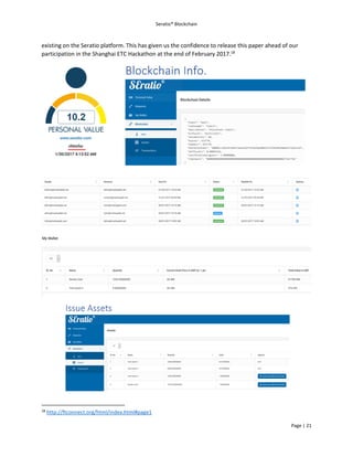 Seratio® Blockchain
Page | 21
existing on the Seratio platform. This has given us the confidence to release this paper ahead of our
participation in the Shanghai ETC Hackathon at the end of February 2017.18
18
http://ftconnect.org/html/index.html#page1
 