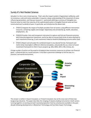 Seratio® Blockchain
Page | 4
Surely It’s Not Rocket Science
Actually it is; this is not a trivial exercise. That’s why the impact market is fragmented, ineffective, with
no consensus, scale and rarely sustainable. It requires a deep understanding of the movement of value,
influencing parameters, and how we measure it – particularly defining a currency of intangible non-
financial value to match the maturity of the sophisticated system of tangible financial value we have
constructed over hundreds of years. In particular, we trichotomise the above task:
 [TASK A] Integrate the impact of multiple providers from all sectors using different intervention
resources, comparing ‘apples and oranges’ objectively and consistently eg. health, education,
employment, etc.
 [TASK B] Provide a fast and transparent instrument to capture and link non-financial outcomes
with financial programme investment, and to be able to transact both kinds of value attached to
each investment brand eg. $ cash investment linked to Health & Wellbeing outcome within SaaS
 [TASK C] Report and articulate the combined impact in any desired format, framework and
metric to be meaningful in different reference templates, and provide this as a return of social
investment framework to inform future projects eg. SDG, MDG, GRI-4, IIRC, B-Corp, etc.
A large number of sectors are focussed on bringing to bear economic resources to achieve non-financial
goals – a financial bet on a social outcome. It has been a perennial challenge to link the two in a
practical, real-world environment,
The answer is neither in Social Innovation, or Fintech Innovation, but at the cross-over of these two
burgeoning industries. This paper describes the merging of industry leading instruments in both sectors
to bring together an exciting and well-received proposition that has only become available in the past
decade following developments in Blockchain Technology and Fast Data Impact Technology.
Corporate CSR
Impact Investment
Government Agencies
International Development
Capacity Development
Ethical Leadership
SDG /ESG
Growing
Impact
No
Impact
Diminishing
Impact
 