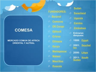 Sudan
FUNDADORES:
Burundi
Comoros

COMESA

DR Congo
Djibouti

Swaziland
Uganda
Zambia
Zimbabwe

Eritrea
MERCADO COMUN DE AFRICA
ORIENTAL Y AUTRAL

Entraron
despues:

Ethiopia

1999: Egypt

Kenya

2001: Seychel
les

Madagascar
Malawi
Mauritius
Rwanda

2006: Libya
2011: South
Sudan

 