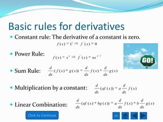 Basic rules for derivatives
 Constant rule: The derivative of a constant is zero.
                                                          '
                           f ( x)           C        f ( x)           0

 Power Rule:                           n            '                    n 1
                        f ( x)      x            f ( x)             nx

                   d                                          d                 d
 Sum Rule:             ( f ( x)        g ( x ))                   f ( x)            g ( x)
                   dx                                         dx                dx

                                                                      d                               d
 Multiplication by a constant:                                             ( af ( x ))          a         f ( x)
                                                                      dx                              dx

                                                d                                                d                      d
 Linear Combination:                           dx
                                                         ( af ( x )       bg ( x ))       a
                                                                                                 dx
                                                                                                       f ( x)       b
                                                                                                                        dx
                                                                                                                             g ( x)


       Click to Continue                                                                  Exit
 