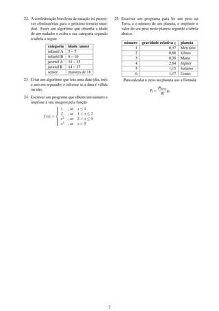 22. A confederação brasileira de natação irá promo-
ver eliminatórias para o próximo torneio mun-
dial. Fazer um algoritmo que obtenha a idade
de um nadador e exiba a sua categoria segundo
a tabela a seguir.
categoria idade (anos)
infantil A 5 – 7
infantil B 8 – 10
juvenil A 11 – 13
juvenil B 14 – 17
senior maiores de 18
23. Criar um algoritmo que leia uma data (dia, mês
e ano em separado) e informe se a data é válida
ou não.
24. Escrever um programa que obtem um número e
imprime a sua imagem pela função
f(x) =



1 , se x ≤ 1
2 , se 1 < x ≤ 2
x2 , se 2 < x ≤ 5
x3 , se x > 5
25. Escrever um programa para ler um peso na
Terra, e o número de um planeta, e imprimir o
valor do seu peso neste planeta segundo a tabela
abaixo.
número gravidade relativa g planeta
1 0,37 Mercúrio
2 0,88 Vênus
3 0,38 Marte
4 2,64 Júpiter
5 1,15 Saturno
6 1,17 Urano
Para calcular o peso no planeta use a fórmula
Pi =
PTerra
10
gi
2
 