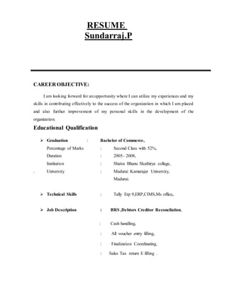 RESUME
Sundarraj.P
CAREER OBJECTIVE:
I am looking forward for an opportunity where I can utilize my experiences and my
skills in contributing effectively to the success of the organization in which I am placed
and also further improvement of my personal skills in the development of the
organization.
Educational Qualification
 Graduation : Bachelor of Commerce,
Percentage of Marks : Second Class with 52%,
Duration : 2005– 2008,
Institution : Shaiva Bhanu Skathirya collage,
. University : Madurai Kamarajar University,
Madurai.
 Technical Skills : Tally Erp 9,ERP,CIMS,Ms office,
 Job Description : BRS ,Debtors Creditor Reconcilation,
: Cash handling,
: All voucher entry filling,
: Finalization Coordinating,
: Sales Tax return E filling .
 