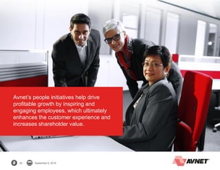 20 September 6, 2016
Avnet’s people initiatives help drive
profitable growth by inspiring and
engaging employees, which ultimately
enhances the customer experience and
increases shareholder value.
 