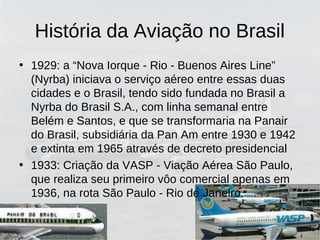 História da Aviação no Brasil
• 1929: a “Nova Iorque - Rio - Buenos Aires Line”
(Nyrba) iniciava o serviço aéreo entre essas duas
cidades e o Brasil, tendo sido fundada no Brasil a
Nyrba do Brasil S.A., com linha semanal entre
Belém e Santos, e que se transformaria na Panair
do Brasil, subsidiária da Pan Am entre 1930 e 1942
e extinta em 1965 através de decreto presidencial
• 1933: Criação da VASP - Viação Aérea São Paulo,
que realiza seu primeiro vôo comercial apenas em
1936, na rota São Paulo - Rio de Janeiro.
 