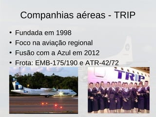 Companhias aéreas - TRIP
• Fundada em 1998
• Foco na aviação regional
• Fusão com a Azul em 2012
• Frota: EMB-175/190 e ATR-42/72
 