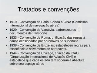 Tratados e convenções
• 1919 - Convenção de Paris, Criada a CINA (Comissão
Internacional de navegação aérea)
• 1929 - Convenção de Varsóvia, padronizou os
documentos de transporte
• 1933 - Convenção de Roma, unificação das regras à
danos ocasionados por aeronaves na superfície
• 1938 - Convenção de Bruxelas, estabeleceu regras para
assistência e salvamento de aeronaves.
• 1944 - Convenção de Chicago, criação da ICAO
(Organização Internacional de Aviação Civil) e
estabelece que cada estado tem soberania absoluta
sobre seu espaço aéreo
 
