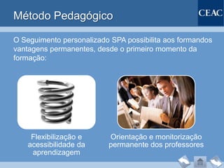 Método Pedagógico

O Seguimento personalizado SPA possibilita aos formandos
vantagens permanentes, desde o primeiro momento da
formação:




     Flexibilização e     Orientação e monitorização
    acessibilidade da     permanente dos professores
     aprendizagem
 