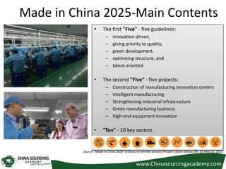 • The first "Five" - five guidelines:
– innovation-driven,
– giving priority to quality,
– green development,
– optimizing structure, and
– talent oriented
• The second "Five" - five projects:
– Construction of manufacturing innovation centers
– Intelligent manufacturing
– Strengthening industrial infrastructure
– Green manufacturing business
– High-end equipment innovation
• "Ten" - 10 key sectors
Source: 'Made in China 2025' to focus on ten key sectors (People's Daily Online) 08: 32 May 22, 2015
Made in China 2025-Main Contents
www.Chinasourcingacademy.com
 