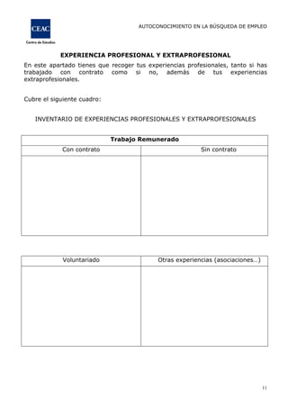 AUTOCONOCIMIENTO EN LA BÚSQUEDA DE EMPLEO
11
EXPERIENCIA PROFESIONAL Y EXTRAPROFESIONAL
En este apartado tienes que recoger tus experiencias profesionales, tanto si has
trabajado con contrato como si no, además de tus experiencias
extraprofesionales.
Cubre el siguiente cuadro:
INVENTARIO DE EXPERIENCIAS PROFESIONALES Y EXTRAPROFESIONALES
Trabajo Remunerado
Con contrato Sin contrato
Voluntariado Otras experiencias (asociaciones…)
 