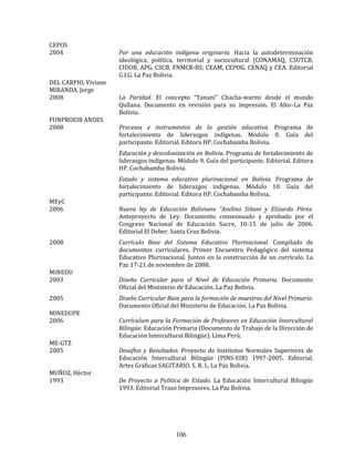 106
CEPOS
2004 Por una educación indígena originaria. Hacia la autodeterminación
ideológica, política, territorial y sociocultural (CONAMAQ, CSUTCB,
CIDOB, APG, CSCB, FNMCB-BS; CEAM, CEPOG, CENAQ y CEA. Editorial
G.I.G. La Paz Bolivia.
DEL CARPIO, Viviane
MIRANDA, Jorge
2008 La Paridad. El concepto “Yanani” Chacha-warmi desde el mundo
Qullana. Documento en revisión para su impresión. El Alto–La Paz
Bolivia.
FUNPROEIB ANDES
2008 Procesos e instrumentos de la gestión educativa. Programa de
fortalecimiento de liderazgos indígenas. Módulo 8. Guía del
participante. Editorial. Editora HP. Cochabamba Bolivia.
Educación y descolonización en Bolivia. Programa de fortalecimiento de
liderazgos indígenas. Módulo 9. Guía del participante. Editorial. Editora
HP. Cochabamba Bolivia.
Estado y sistema educativo plurinacional en Bolivia. Programa de
fortalecimiento de liderazgos indígenas. Módulo 10. Guía del
participante. Editorial. Editora HP. Cochabamba Bolivia.
MEyC
2006 Nueva ley de Educación Boliviana “Avelino Siñani y Elizardo Pérez.
Anteproyecto de Ley. Documento consensuado y aprobado por el
Congreso Nacional de Educación Sucre, 10-15 de julio de 2006.
Editorial El Deber. Santa Cruz Bolivia.
2008 Currículo Base del Sistema Educativo Plurinacional. Compilado de
documentos curriculares. Primer Encuentro Pedagógico del sistema
Educativo Plurinacional. Juntos en la construcción de un currículo. La
Paz 17-21 de noviembre de 2008.
MINEDU
2003 Diseño Curricular para el Nivel de Educación Primaria. Documento
Oficial del Ministerio de Educación. La Paz Bolivia.
2005 Diseño Curricular Base para la formación de maestros del Nivel Primario.
Documento Oficial del Ministerio de Educación. La Paz Bolivia.
MINEDUPE
2006 Currículum para la Formación de Profesores en Educación Intercultural
Bilingüe. Educación Primaria (Documento de Trabajo de la Dirección de
Educación Intercultural Bilingüe). Lima Perú.
ME-GTZ
2005 Desafíos y Resultados. Proyecto de Institutos Normales Superiores de
Educación Intercultural Bilingüe (PINS-EIB) 1997-2005. Editorial.
Artes Gráficas SAGITARIO. S. R. L. La Paz Bolivia.
MUÑOZ, Héctor
1993 De Proyecto a Política de Estado. La Educación Intercultural Bilingüe
1993. Editorial Trazo Impresores. La Paz Bolivia.
 