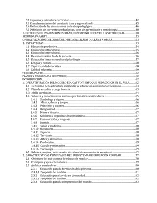 7.2 Esquema y estructura curricular…………………………………………………………………………………..42
7.3 Complementación del currículo base y regionalizado……………………………………………………45
7.4 Definición de las dimensiones del saber pedagógico……………………………………………………..46
7.5 Definición de corrientes pedagógicas, tipos de aprendizaje y metodología……………………..48
8. CRITERIOS DE EVALUACIÓN ESCOLAR, DESEMPEÑO DOCENTE E INSTITUCIONAL…………….50
SEGUNDA PAPARTE……………………………………………………………………………………………………………...53
OPERATIVIZACIÓN DEL CURRÍCULO REGIONALIZADO QULLANA AYMARA……………………………53
1. ESTRATEGIAS…………………………………………………………………………………………………………………..53
1.1 Educación productiva…………………………………………………………………………………………………54
1.2 Educación Intracultural……………………………………………………………………………………………...55
1.3 Educación Intercultural……………………………………………………………………………………………...56
1.4 Descolonización desde la escuela………………………………………………………………………………..56
1.5 Educación Intra-intercultural plurilingüe……………………………………………………………………57
1.6 Lengua y cultura………………………………………………………………………………………………………...58
1.7 Espiritualidad educativa…………………………………………………………………………………………….60
1.8 Calidad educativa……………………………………………………………………………………………………….60
TERCERA PARTE…………………………………………………………………………………………………………………...62
PLANES Y PROGRAMAS DE ESTUDIO……………………………………………………………………………………..62
INTRODUCCIÓN…………………………………………………………………………………………………………………….62
1. OPERATIVIZACIÓN DEL MODELO EDUCATIVO Y ENFOQUE PEDAGÓGICO EN EL AULA………62
1.1 Definición de la estructura curricular de educación comunitaria vocacional………………...63
1.2 Plan de estudios y carga horaria…………………………………………………………………………………63
1.3 Malla curricular…………………………………………………………………………………………………………64
1.4 Saberes y conocimientos andinos por temáticas curriculares………………………………………65
1.4.1 Simbología y signos………………………………………………………………………………………...66
1.4.2 Música, danza y juegos……………………………………………………………………………………66
1.4.3 Principios y valores………………………………………………………………………………………...66
1.4.4 Religiosidad……………………………………………………………………………………………………67
1.4.5 Mitos e historia……………………………………………………………………………………………….67
1.4.6 Gobierno y organización comunitaria………………………………………………………………67
1.4.7 Comunicación y lenguaje…………………………………………………………………………………67
1.4.8 Justicia…………………………………………………………………………………………………………...67
1.4.9 Salud y medicina…………………………………………………………………………………………….68
1.4.10 Naturaleza……………………………………………………………………………………………………...68
1.4.11 Espacio…………………………………………………………………………………………………………..68
1.4.12 Territorio……………………………………………………………………………………………………….68
1.4.13 Artes y artesanías…………………………………………………………………………………………...68
1.4.14 Producción……………………………………………………………………………………………………..69
1.4.15 Calculo y estimación……………………………………………………………………………………….69
1.4.16 Tecnología……………………………………………………………………………………………………...69
1.5 Saberes propios y universales de educación comunitaria vocacional……………………………69
2. CARACTERÍSTICAS PRINCIPALES DEL SUBSISTEMA DE EDUCACIÓN REGULAR…………………77
2.1 Objetivos del sub sistema de educación regular…………………………………………………………..78
2.2 Principios y ejes ordenadores……………………………………………………………………………………..79
2.3 Ámbitos curriculares………………………………………………………………………………………………….80
2.3.1 Educación para la formación de la persona………………………………………………………80
2.3.1.1 Propósito del ámbito………………………………………………………………………………………81
2.3.2 Educación para la vida en comunidad……………………………………………………………...82
2.3.2.1 Propósito del ámbito………………………………………………………………………………………82
2.3.3 Educación para la comprensión del mundo……………………………………………………...83
 