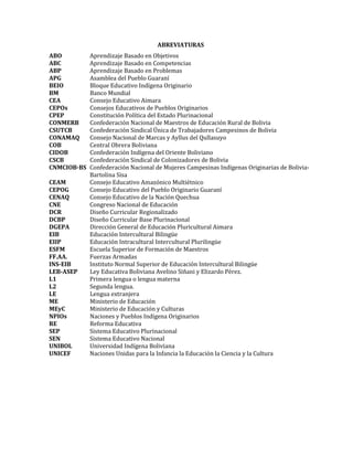 ABREVIATURAS
ABO Aprendizaje Basado en Objetivos
ABC Aprendizaje Basado en Competencias
ABP Aprendizaje Basado en Problemas
APG Asamblea del Pueblo Guaraní
BEIO Bloque Educativo Indígena Originario
BM Banco Mundial
CEA Consejo Educativo Aimara
CEPOs Consejos Educativos de Pueblos Originarios
CPEP Constitución Política del Estado Plurinacional
CONMERB Confederación Nacional de Maestros de Educación Rural de Bolivia
CSUTCB Confederación Sindical Única de Trabajadores Campesinos de Bolivia
CONAMAQ Consejo Nacional de Marcas y Ayllus del Qullasuyo
COB Central Obrera Boliviana
CIDOB Confederación Indígena del Oriente Boliviano
CSCB Confederación Sindical de Colonizadores de Bolivia
CNMCIOB-BS Confederación Nacional de Mujeres Campesinas Indígenas Originarias de Bolivia-
Bartolina Sisa
CEAM Consejo Educativo Amazónico Multiétnico
CEPOG Consejo Educativo del Pueblo Originario Guaraní
CENAQ Consejo Educativo de la Nación Quechua
CNE Congreso Nacional de Educación
DCR Diseño Curricular Regionalizado
DCBP Diseño Curricular Base Plurinacional
DGEPA Dirección General de Educación Pluricultural Aimara
EIB Educación Intercultural Bilingüe
EIIP Educación Intracultural Intercultural Plurilingüe
ESFM Escuela Superior de Formación de Maestros
FF.AA. Fuerzas Armadas
INS-EIB Instituto Normal Superior de Educación Intercultural Bilingüe
LEB-ASEP Ley Educativa Boliviana Avelino Siñani y Elizardo Pérez.
L1 Primera lengua o lengua materna
L2 Segunda lengua.
LE Lengua extranjera
ME Ministerio de Educación
MEyC Ministerio de Educación y Culturas
NPIOs Naciones y Pueblos Indígena Originarios
RE Reforma Educativa
SEP Sistema Educativo Plurinacional
SEN Sistema Educativo Nacional
UNIBOL Universidad Indígena Boliviana
UNICEF Naciones Unidas para la Infancia la Educación la Ciencia y la Cultura
 