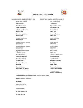 CONSEJO EDUCATIVO AIMARA
DIRECTORIO DEL CEA GESTIÓN 2007-2011 DIRECTIVOS DEL CEA GESTIÓN 2011-2015
Félix López Mamani Juan KapaMaquera
PRESIDENTE PRESIDENTE
Fidel Flores Vargas Miguel Nelson Cuellar
VICEPRESIDENTE VICEPRESIENTE
Alfredo Ayca Terrazas Freddy Velasco
DIRECTIVO DIRECTIVO
Francisco Apaza Laura Mamerto Terrazas
DIRECTIVO DIRECTIVO
Gonzalo Atto Salinas Leonardo Canaza
DIRECTIVO DIRECTIVO
Aurelio Atahuichi Acevedo Daniel Cáceres
DIRECTIVO DIRECTIVO
Benigno Marzana Choque Jacinto Condori
DIRECTIVO DIRECTIVO
Gregorio Gabriel Colque Nancy Ichota
TÉCNICO DE EIB DIRECTIVO
Clara Machicado Gregorio Gabriel Colque
ADMINISTRADORA TÉCNICO DE EIB
Sara Raquel Pérez Clara Machicado
SECRETARIA ADMINISTRADORA
Francisco Chuquimia Mery Yujra
CHOFER SECRETARIA
Eulogio Hinojosa Francisco Chuquimia
PERSONAL DE APOYO CHOFER-MENSAJERO
Firmencia Quispe
PERSONAL DE APOYO
Sistematización y revisión de estilo: Gregorio Gabriel Colque
Fotos: Francisco Chuquimia
EDICIÓN:
DEPÓSITO LEGAL:
www.cepos.bo
El Alto, mayo 2012
El Alto – La Paz
 