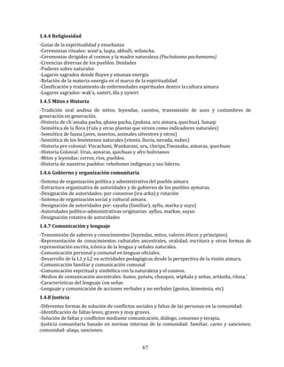67
1.4.4 Religiosidad
-Guías de la espiritualidad y enseñanza
-Ceremonias rituales: waxt’a, luqta, akhulli, wilancha.
-Ceremonias dirigidos al cosmos y la madre naturaleza (Pachakama-pachamama)
-Creencias diversas de los pueblos. Deidades
-Poderes sobre naturales
-Lugares sagrados donde fluyen y emanan energía
-Relación de la materia-energía en el marco de la espiritualidad
-Clasificación y tratamiento de enfermedades espirituales dentro la cultura aimara
-Lugares sagrados: wak’a, samiri, illa y uywiri
1.4.5 Mitos e Historia
-Tradición oral andina de mitos, leyendas, cuentos, transmisión de usos y costumbres de
generación en generación.
-Historia de ch´amaka pacha, qhana pacha, (pukina, uru aimara, quechua), Sunaqi
-Semiótica de la flora (t’ula y otras plantas que sirven como indicadores naturales)
-Semiótica de fauna (aves, insectos, animales silvestres y otros)
-Semiótica de los fenómenos naturales (viento, lluvia, nevada, nubes)
-Historia pre colonial: Viscachani, Wankarani, uru, chiripa,Tiwanaku, aimaras, quechuas
-Historia Colonial: Urus, aimaras, quichuas y afro bolivianos
-Mitos y leyendas: cerros, ríos, pueblos.
-Historia de nuestros pueblos: rebeliones indígenas y sus líderes.
1.4.6 Gobierno y organización comunitaria
-Sistema de organización política y administrativa del pueblo aimara
-Estructura organizativa de autoridades y de gobierno de los pueblos aymaras.
-Designación de autoridades: por consenso (ira-arka) y rotación
-Sistema de organización social y cultural aimara.
-Designación de autoridades por: sayaña (familiar), ayllu, marka y suyu)
-Autoridades político-administrativas originarias: ayllus, markas, suyus
-Designación rotativa de autoridades
1.4.7 Comunicación y lenguaje
-Transmisión de saberes y conocimientos (leyendas, mitos, valores éticos y principios)
-Representación de conocimientos culturales ancestrales, oralidad, escritura y otras formas de
representación escrita, icónica de la lengua y señales naturales.
-Comunicación personal y comunal en lenguas oficiales.
-Desarrollo de la L1 y L2 en actividades pedagógicas desde la perspectiva de la visión aimara.
-Comunicación familiar y comunicación comunal
-Comunicación espiritual y simbólica con la naturaleza y el cosmos.
-Medios de comunicación ancestrales: humo, pututu, chasquis, wiphala y señas, artásiña, rilusa.´
-Características del lenguaje con señas
-Lenguaje y comunicación de acciones verbales y no verbales (gestos, kinestesia, etc)
1.4.8 Justicia
-Diferentes formas de solución de conflictos sociales y faltas de las personas en la comunidad:
-Identificación de faltas leves, graves y muy graves.
-Solución de faltas y conflictos mediante comunicación, diálogo, consenso y terapia.
-Justicia comunitaria basado en normas internas de la comunidad: familiar, careo y sanciones;
comunidad: ulaqa, sanciones.
 